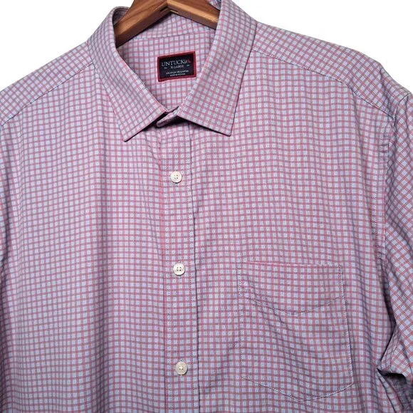 UNTUCKit Shirt Men Large Performance Stretch Short Sleeve Blue Pink Plaid - Picture 3 of 11